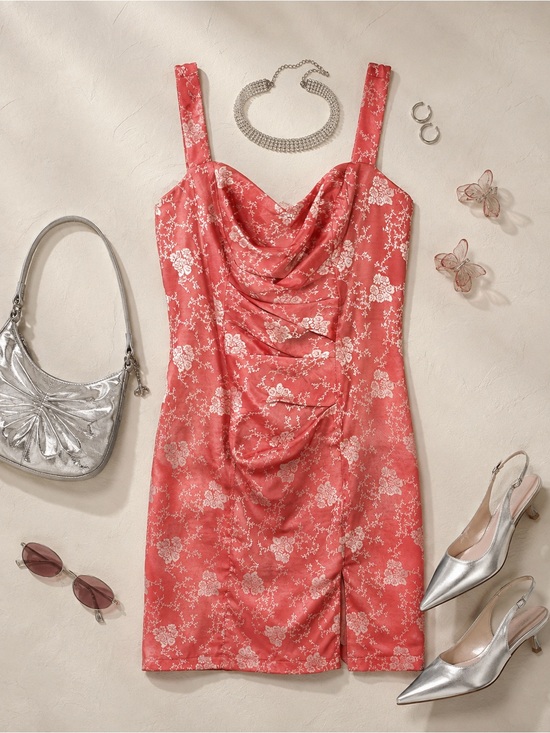 Jill Stuart Dresses & Skirts - Vintage Jill Stuart Studio Coral Pink Floral Cowl Neck Ruched Bodycon Dress (4)